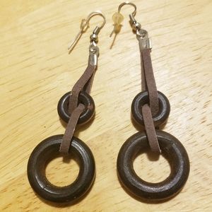 Handmade Leather and Wooden drop earrings